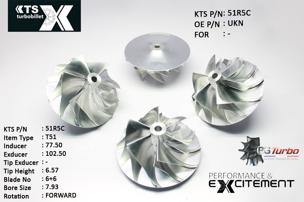 Turbo ROUE FORGÉE MFS PERFORMANCE - 6+6 PALES - INDUCER : 77,5 - EXDUCER : 102,5 - TYPE : T51ANGLE : 45° - ROTATION : Forward - SUPER BACK : 6,25 - BORE SIZE : 7,93
